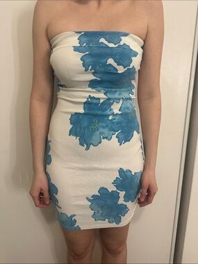 Strapless White Mini Dress with Blue Floral Print